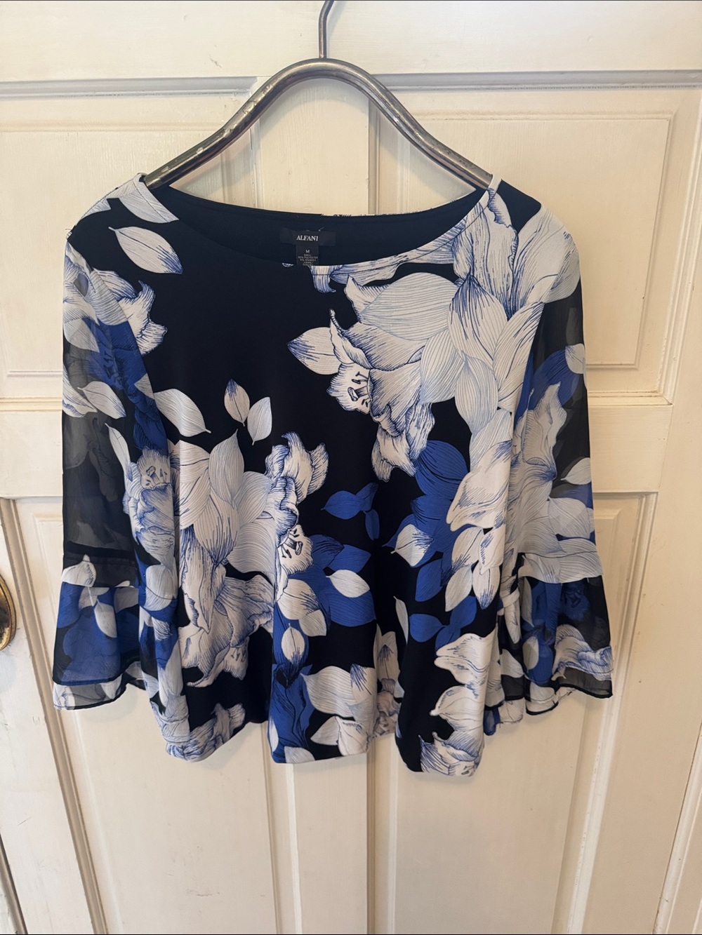 Alfani Navy, White and Blue Floral Bell-Sleeve Blouse